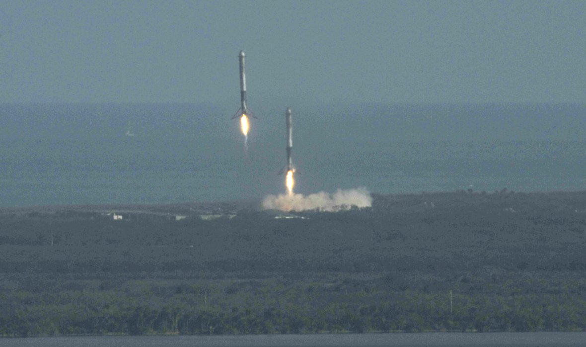 Boosters land after helping launch SpaceX Falcon Heavy rocket from the Kennedy Space Center in Cape Canaveral