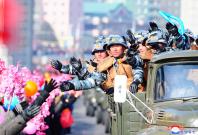 Soldiers march during a grand military parade celebrating the 70th founding anniversary of the Korean