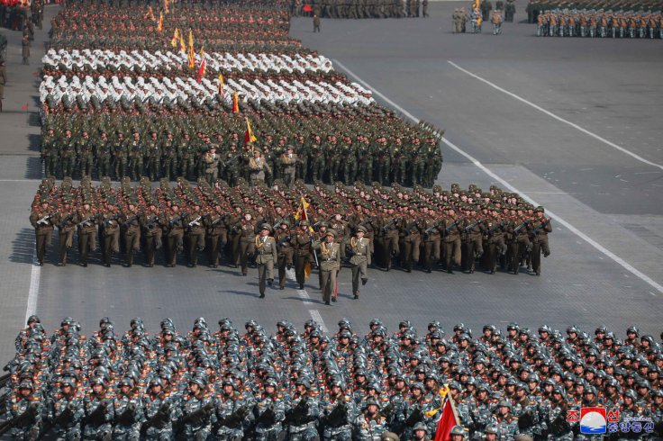 Soldiers march during a grand military parade celebrating the 70th founding anniversary of the Korean