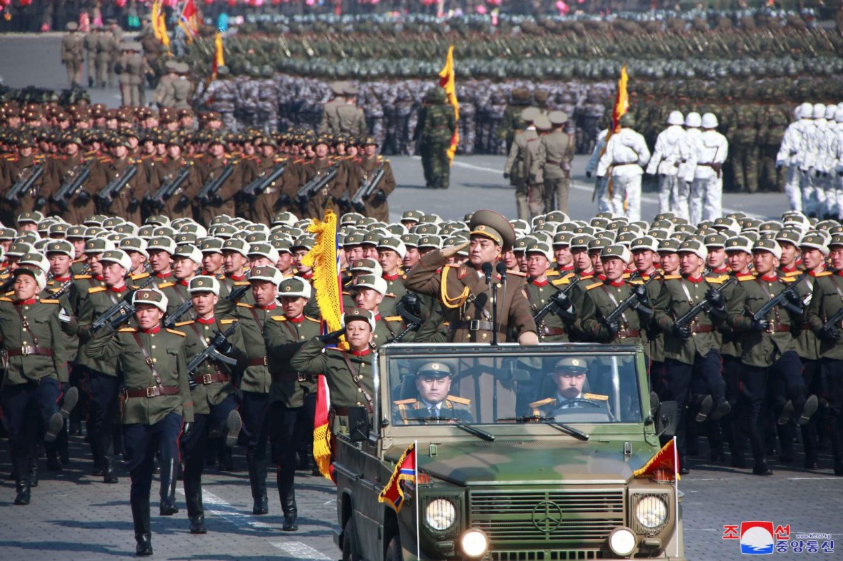 Soldiers attend a grand military parade celebrating the 70th founding anniversary of the Korean People's