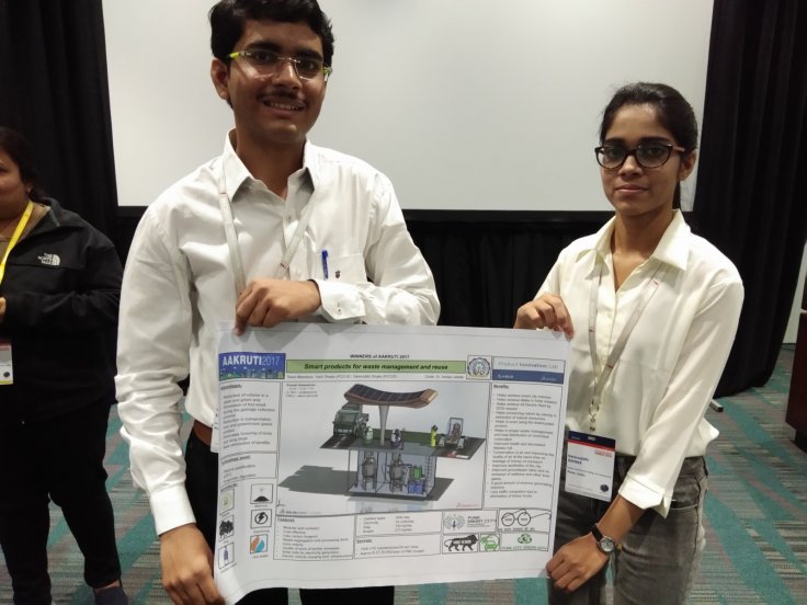 Yash Dhake, a mechanical engineering student and Samruddhi Dhake, a computer engineering student from Chinchwad College of Engineering in Nigadi, Pune with their model at the annual "SOLIDWORKS WORLD 2018" conference in Los Angeles.