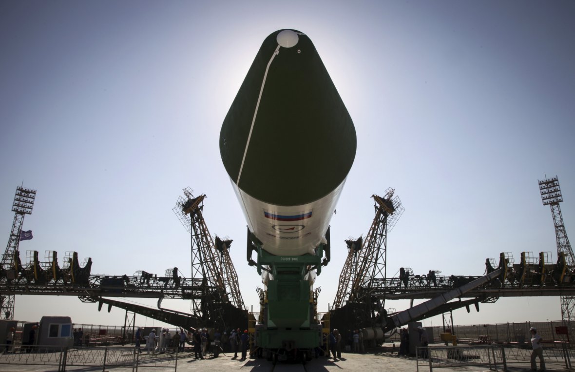 Russian Progress-M spacecraft is ready to be lifted on its launch pad at Baikonur cosmodrome, Kazakhstan