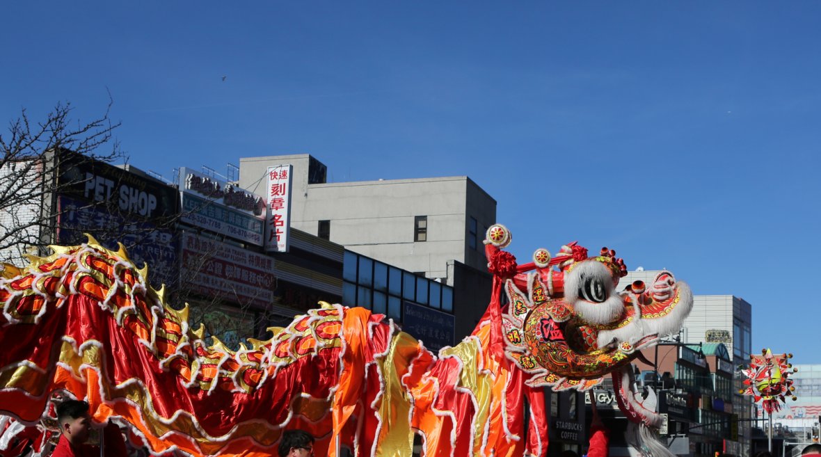 Dragon dancers march in the Flushing Lunar New Year Parade in Queens, New York