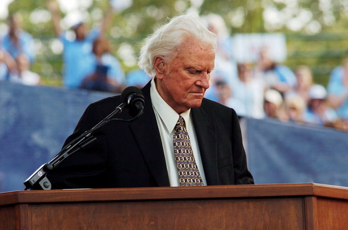 Evangelist Billy Graham speaks during the final day of his Crusade at Flushing Meadows Park in New York