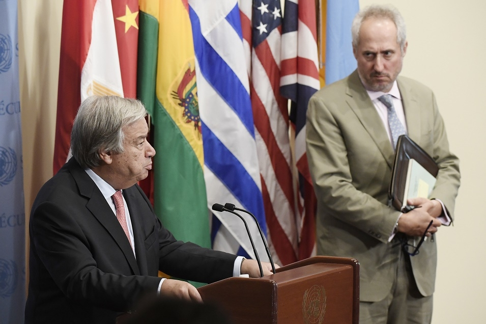 United Nations Secretary-General Antonio Guterres, left, with his spokesperson, Stephane Dujarric
