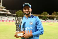 Suresh Raina of India poses with the Man of the Match trophy during post match presentation ceremony at the Newlands Cricket Ground in Cape Town, South Africa on Feb 24, 2018. 