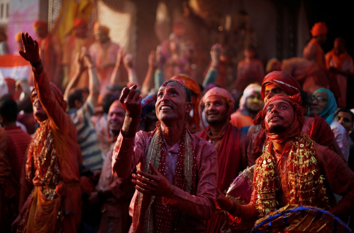 Hindu devotees take part in the religious festival of Holi