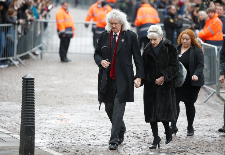 Musician Brian May and actor Anita Dobson arrive at Great St Marys Church, where the funeral of theoretical physicist Prof Stephen Hawking is being held, in Cambridge, Britain, March 31, 2018