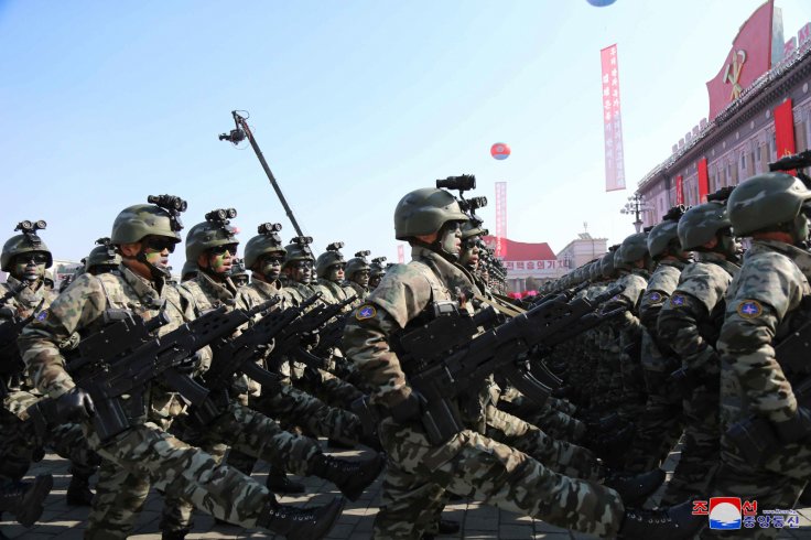 Soldiers march during a grand military parade celebrating the 70th founding anniversary of the Korean People's Army at the Kim Il Sung Square in Pyongyang