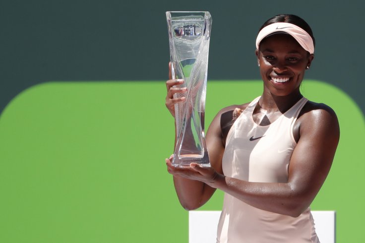 Sloane Stephens of the United States poses with the Butch Buchholz championship trophy after her match against Jelena Ostapenko of Latvia (not pictured) during the women's singles final of the Miami Open at Tennis Center at Crandon Park. Stephens won 7-6(