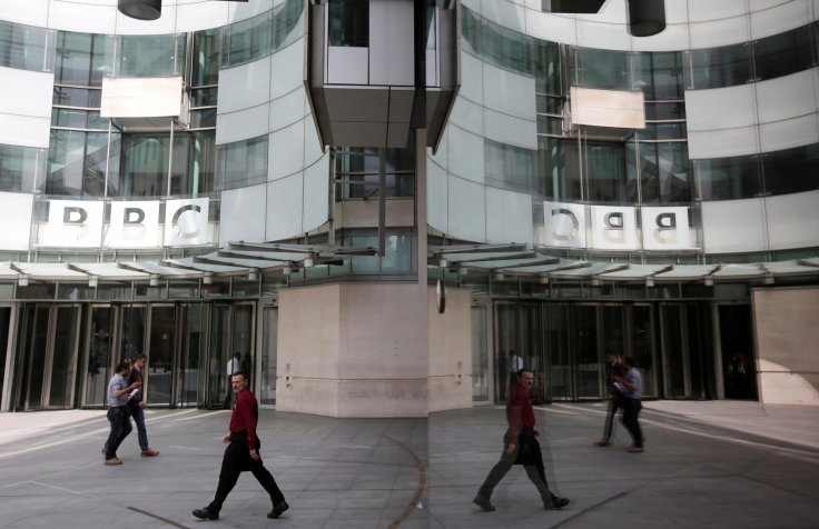 The main entrance to the BBC headquarters and studios in Portland Place, London, Britain,