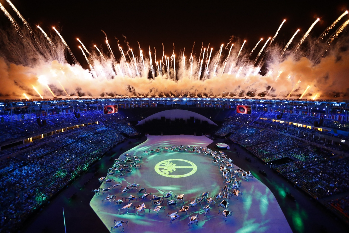 2016 Rio Olympics opening ceremony:  Spectacular Fireworks explode during the opening ceremony of Olympics in Rio de Janeiro, Brazil