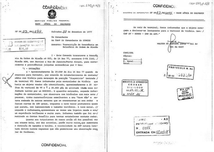 Declassified document describing a sighting of a UFO in December 1977, in Bahia, a state in northern Brazil.