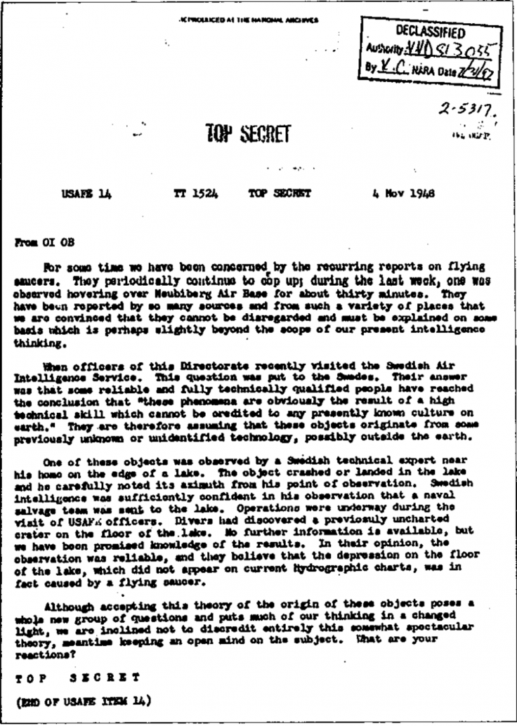 1948 Top Secret USAF UFO extraterrestrial document.