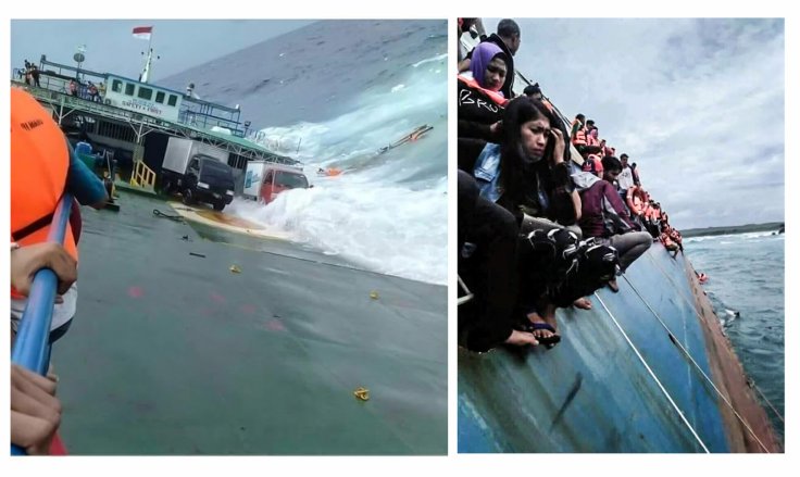 A combination picture shows survivors as KM Lestari Maju boat sinks in the waters of Selayar island, South Sulawesi province, Indonesia, July 3, 2018. Pictures taken July 3, 2018. 