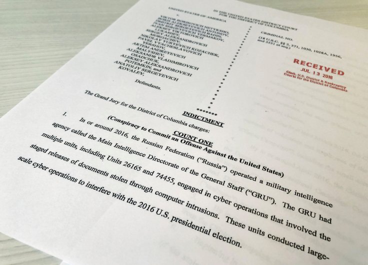 A copy of the grand jury indictment against 12 Russian intelligence officers is seen after the indictments were filed in U.S. District Court by prosecutors working as part of special counsel Robert Mueller's Russia investigationÊin Washington, U.S. A copy of the grand jury indictment against 12 Russian intelligence officers is seen after the indictments were filed in U.S. District Court by prosecutors working as part of special counsel Robert Mueller's Russia investigationÊin Washington, U.S.