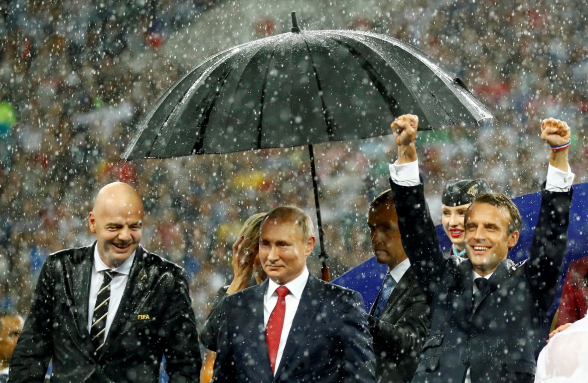  FIFA president Gianni Infantino, President of Russia Vladimir Putin and President of France Emmanuel Macron during the presentation 