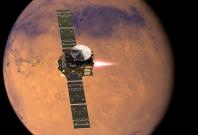 Artist's impression visualising the ExoMars 2016 Trace Gas Orbiter (TGO), with its thrusters firing, beginning its entry into Mars orbit on 19 October 2016.