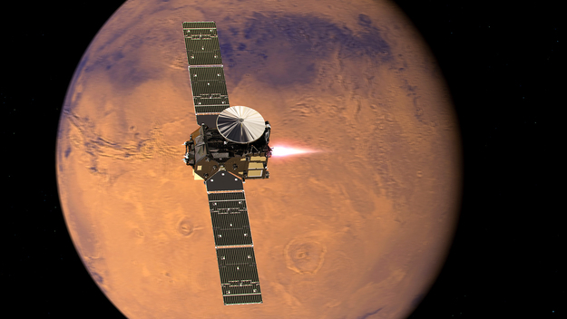 Artist's impression visualising the ExoMars 2016 Trace Gas Orbiter (TGO), with its thrusters firing, beginning its entry into Mars orbit on 19 October 2016.