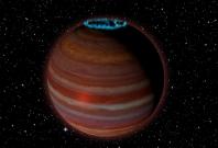 Artist's conception of SIMP J01365663+0933473, an object with 12.7 times the mass of Jupiter, but a magnetic field 200 times more powerful than Jupiter's. This object is 20 light-years from Earth.