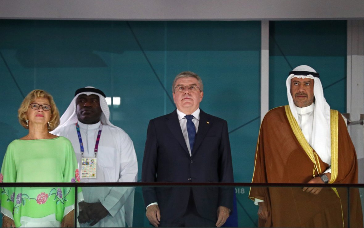 2018 Asian Games - Closing Ceremony - GBK Main Stadium - Jakarta, Indonesia - September 2, 2018 - IOC President Thomas Bach and Sheikh Ahmad Al Fahad Al Sabah, president of the Olympic Council of Asia, attend the ceremony. 
