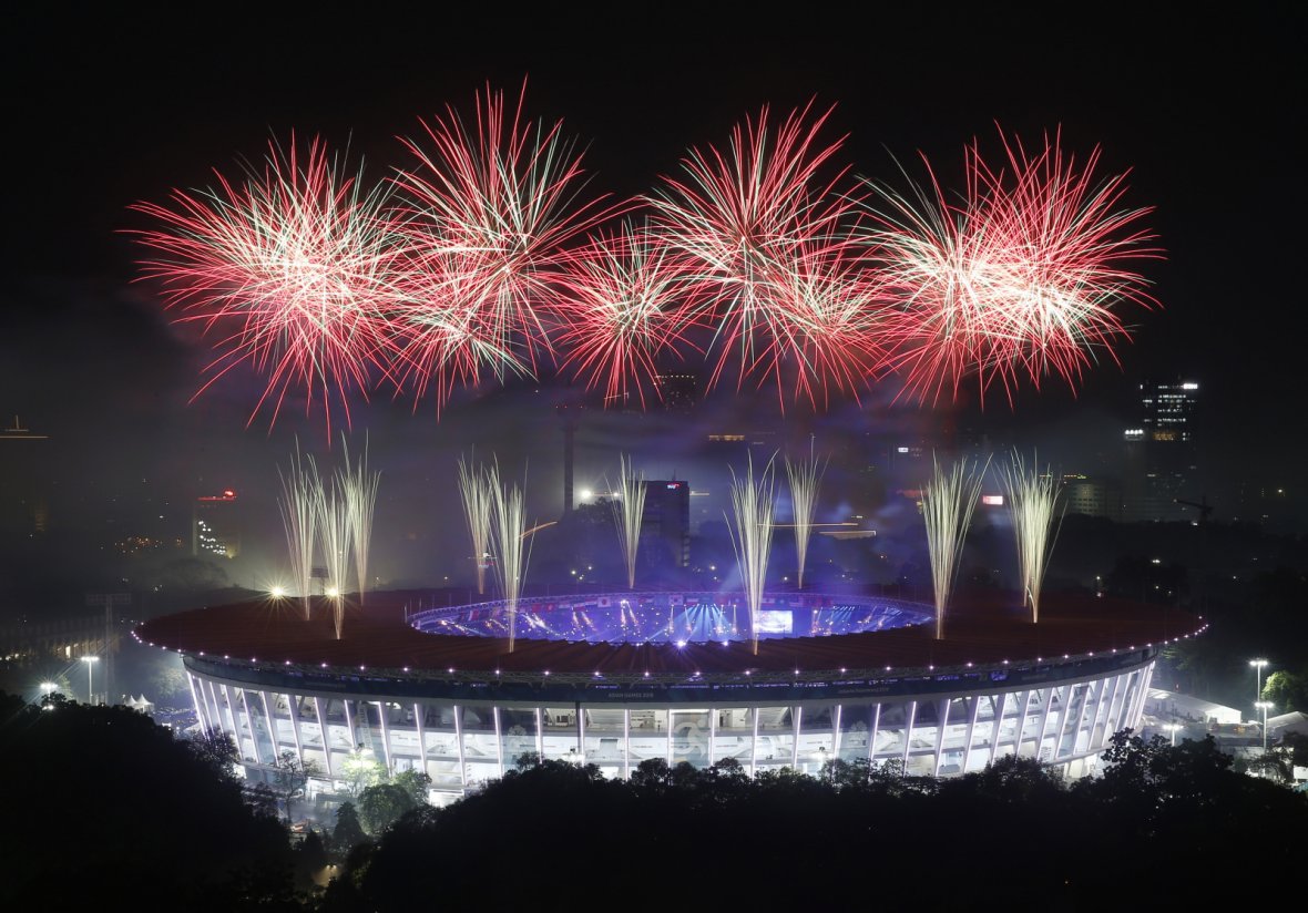 2018 Asian Games - Closing Ceremony - GBK Main Stadium - Jakarta, Indonesia - September 2, 2018 - Fireworks illuminate the night sky.