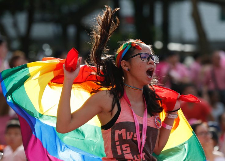 A woman holds a rainbow flag at the Pink Dot rally, Singapore's annual gay pride rally, at a park in Singapore July 1, 2017 A woman holds a rainbow flag at the Pink Dot rally, Singapore's annual gay pride rally, at a park in Singapore July 1, 2017