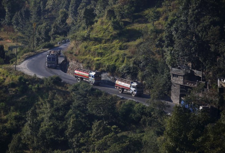 Nepalese petrol tankers heading to the Chinese border of Kerung are pictured on a road on the outskirts of Kathmandu, Nepal November 2, 2015. 