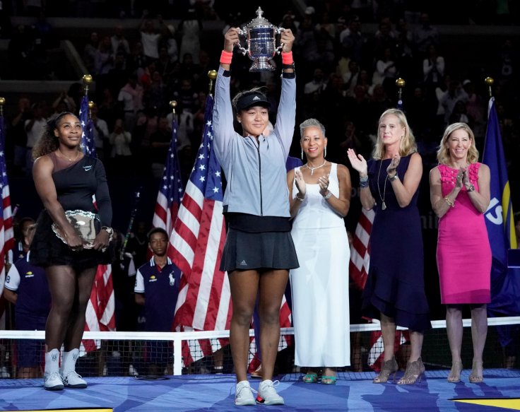 Naomi Osaka of Japan holds the U.S. Open trophy after beating Serena Williams of the USA in the women’s final on day thirteen of the 2018 U.S. Open tennis tournament at USTA Billie Jean King National Tennis Center. Mandatory Credit: Robert Deutsch-USA TOD