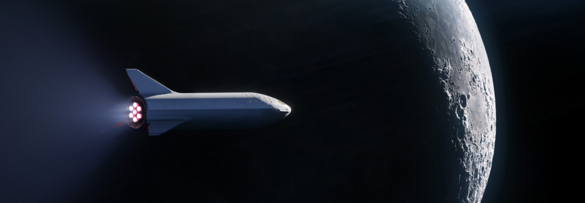 The updated BFR design flying around the Moon