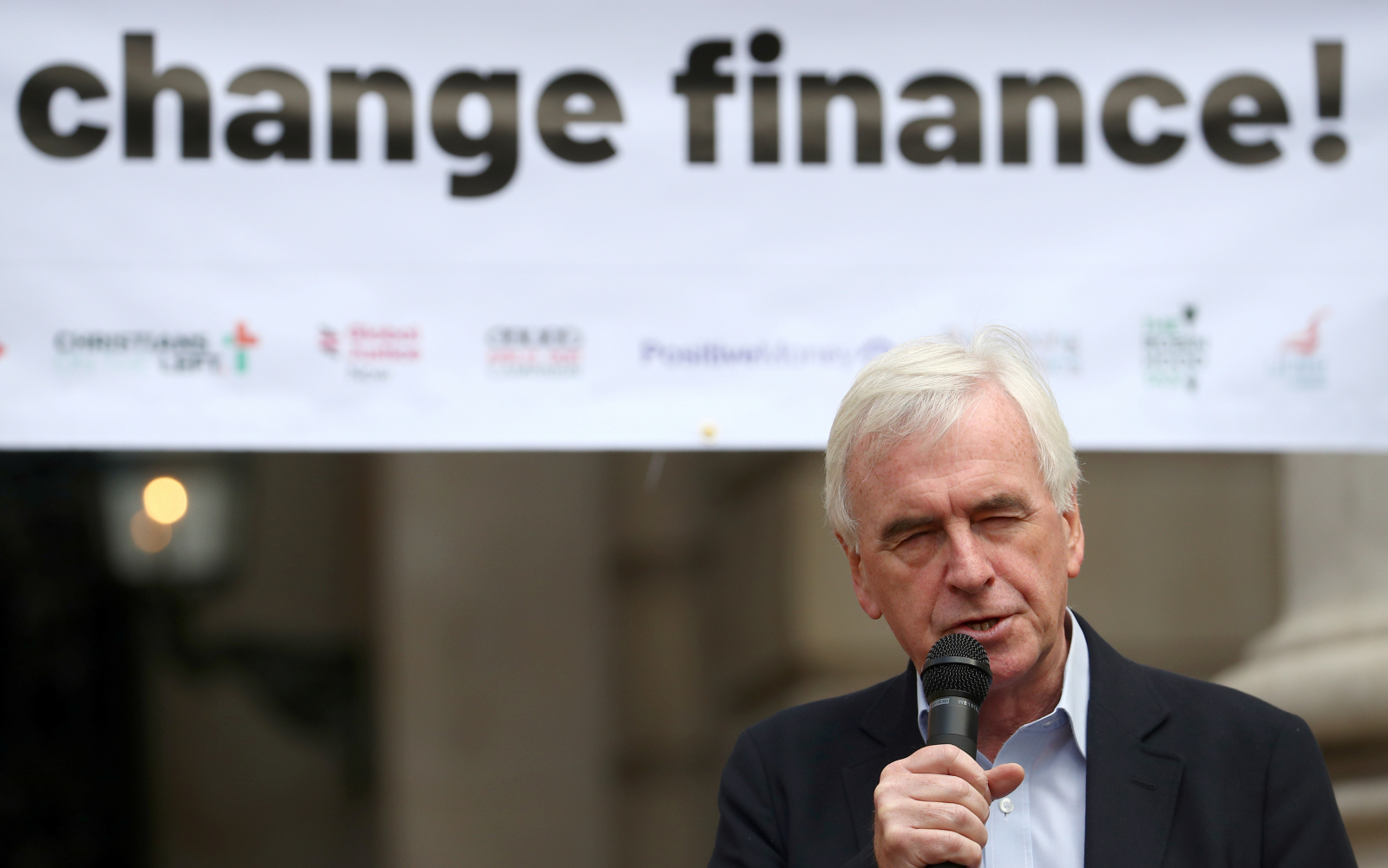 The Labour Party's shadow Chancellor of the Exchequer, John McDonnell, delivers a speech outside the Royal Exchange, opposite the Bank of England in the City in London, Britain September 15, 2018. REUTERS/Hannah McKay