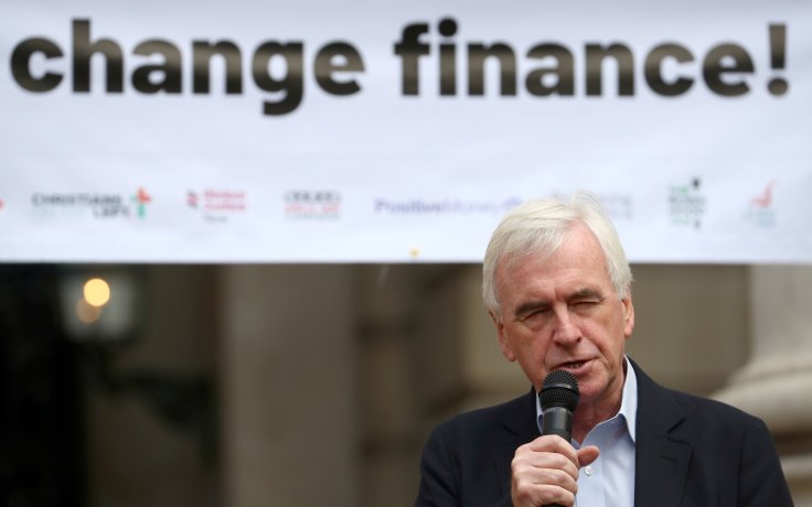 The Labour Party's shadow Chancellor of the Exchequer, John McDonnell, delivers a speech outside the Royal Exchange, opposite the Bank of England in the City in London, Britain September 15, 2018. REUTERS/Hannah McKay