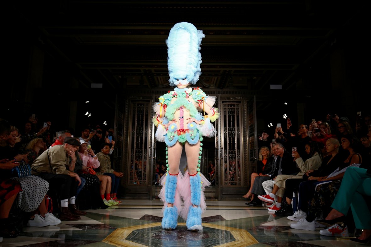A model presents a creation at the Pam Hogg catwalk show at Freemasons Hall during London Fashion Week Women's in London, Britain September 14, 2018.