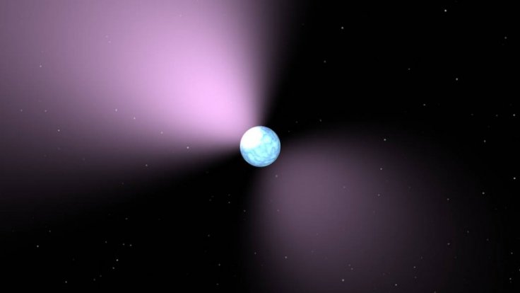This artist's concept shows a pulsar, which is like a lighthouse, as its light appears in regular pulses as it rotates. Pulsars are dense remnants of exploded stars, and are part of a class of objects called neutron stars.