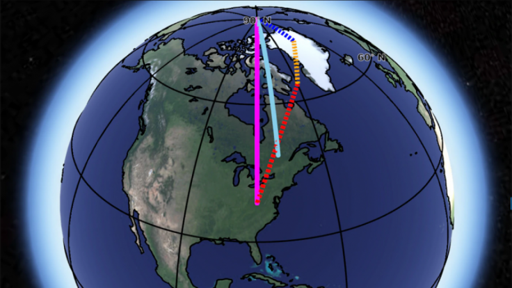 The observed direction of polar motion, shown as a light blue line, compared with the sum (pink line) of the influence of Greenland ice loss (blue), postglacial rebound (yellow) and deep mantle convection (red). The contribution of mantle convection is hi