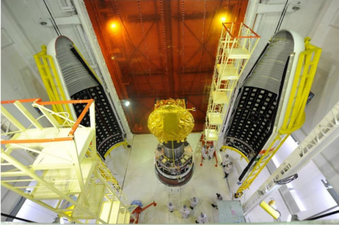 The Mars Orbiter Mission satellite getting loaded into the payload bay of the PSLV C25, it had a launch mass of 1337 kg