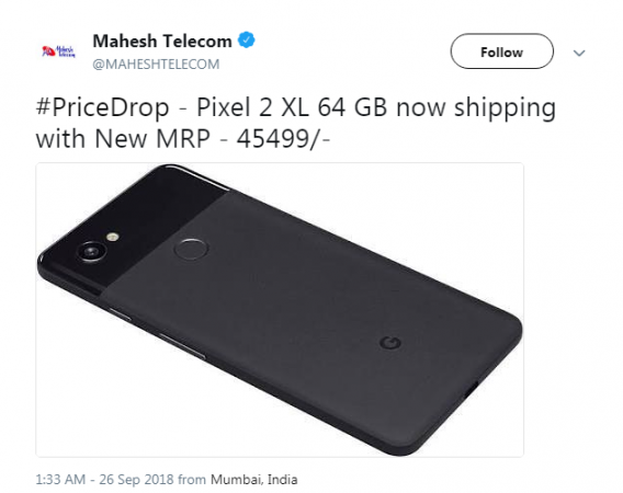 Pixel 2 XL price in India dropped