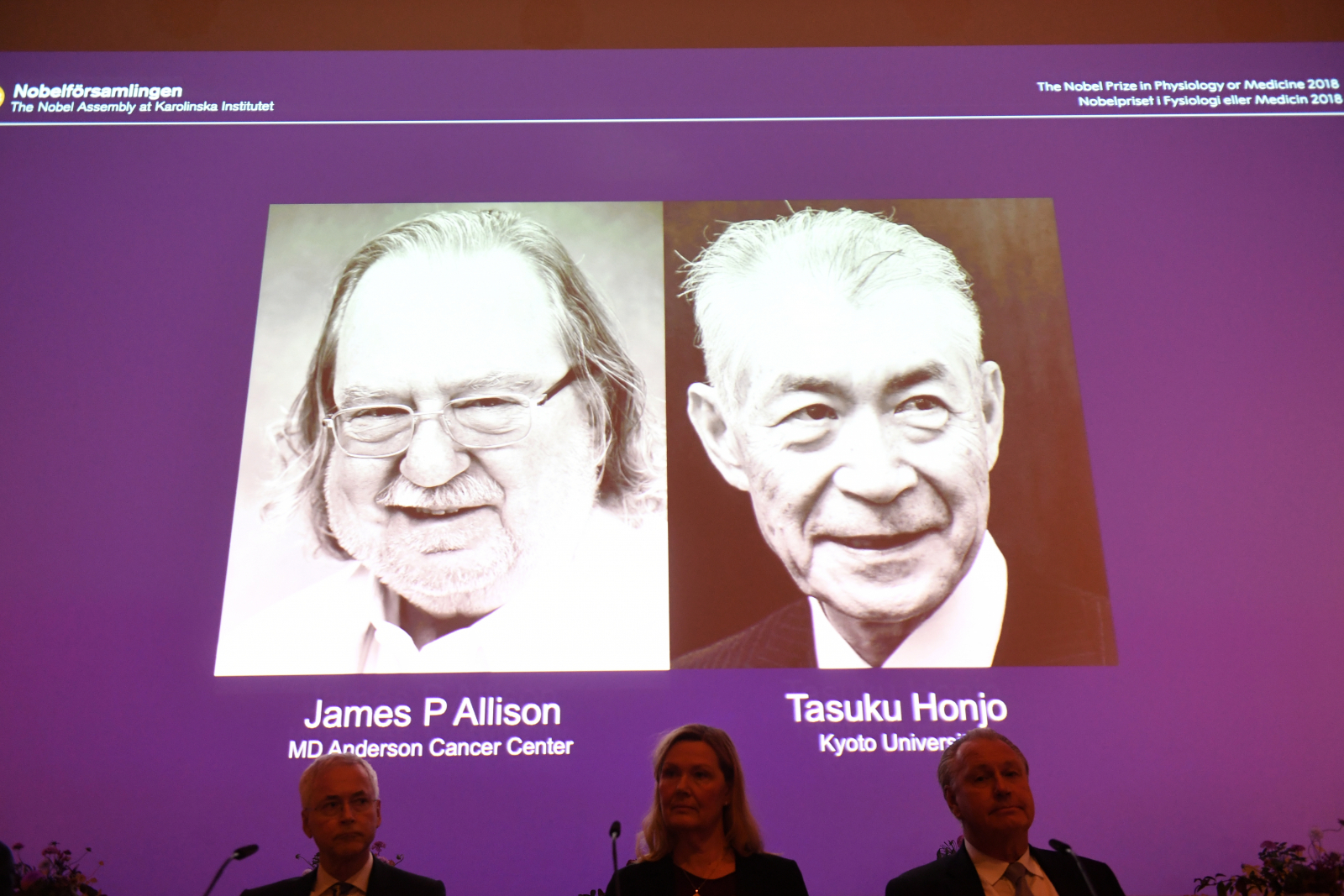 The Nobel Prize laureates for Medicine or Physiology 2018 are James P. Allison, U.S. and Tasuku Honjo, Japan presented at the Karolinska Institute in Stockholm, Sweden October 1, 2018. TT News Agency/Fredrik Sandberg via REUTERS 
