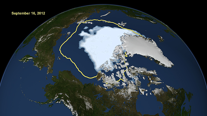 Satellite data reveal how the new record low Arctic sea ice extent, from Sept. 16, 2012, compares to the average minimum extent over the past 30 years (in yellow). Sea ice extent maps are derived from data captured by the Scanning Multichannel Microwave R Satellite data reveal how the new record low Arctic sea ice extent, from Sept. 16, 2012, compares to the average minimum extent over the past 30 years (in yellow). Sea ice extent maps are derived from data captured by the Scanning Multichannel Microwave R