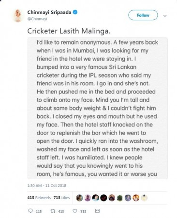 Anonymous woman acuses Lasith Malinga of sexual harassment.