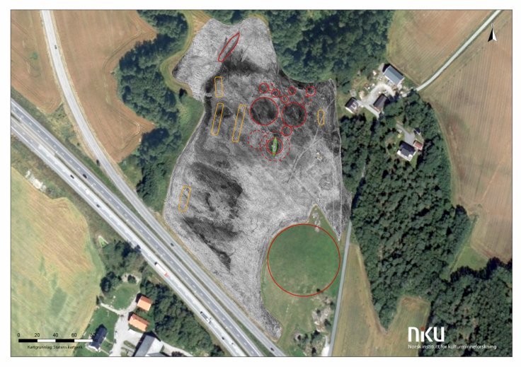 OverviewThe ship burial forms part of a larger mound cemetery and settlement site from the Iron Age next to the monumental Jell Mound. Illustration: Lars Gustavsen, NIKU