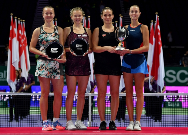 Kristina Mladenovic and Timea Babos with Barbora Krejcikova and Katerina Siniakova 