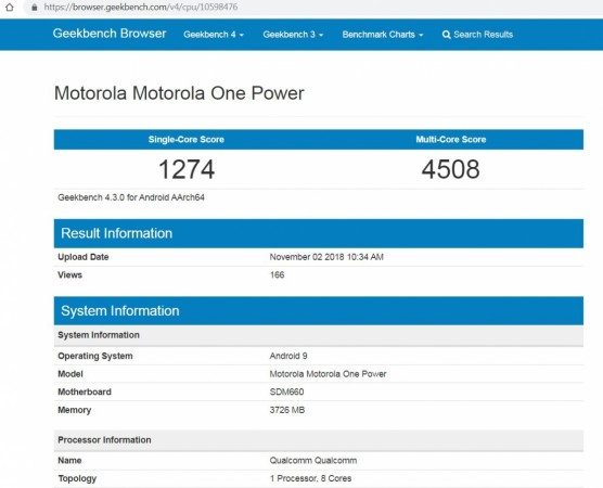 Motorola Moto One Power with Android Pie OS spotted on Geekbench peformance testing site.KVN Rohit/IBTimes India