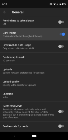 YouTube dark theme setting