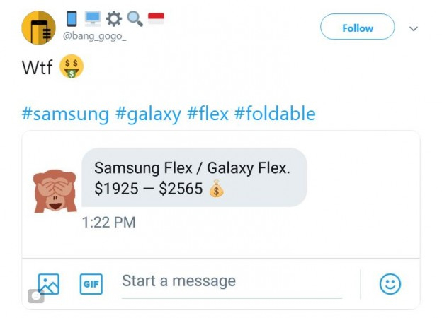 Samsung's upcoming Galaxy X aka Galaxy F aka Galaxy Flex is expected to be the most expensive tier-1 branded phone.@bang_gogo_ (Tech micro-blogger)/Twitter (screen-shot)
