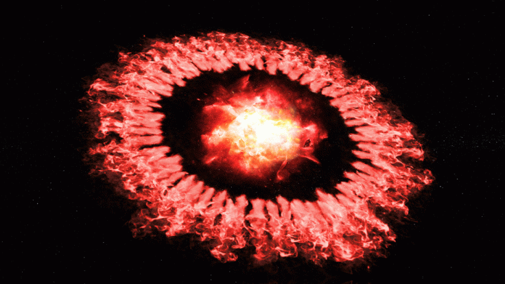 Artist's concept illustrating Supernova 1987A as the powerful blast wave passes through its outer ring and destroys most of its dust, before the dust re-forms or grows rapidly.