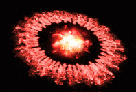Artist's concept illustrating Supernova 1987A as the powerful blast wave passes through its outer ring and destroys most of its dust, before the dust re-forms or grows rapidly.