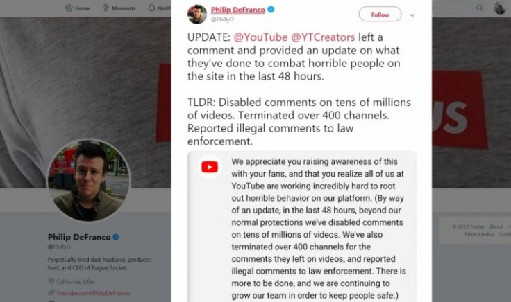 Google's YouTube and YouTube Creators takes actions against YouTube channels and commentators proliferating child abusePhilip DeFranco(@PhillyD)/Twitter (screen-grab)