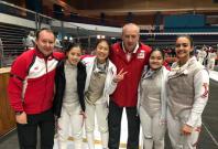 Foil national partner coach Viacheslav Bobok, fencers Tatiana Wong and Denyse Chan, national foil and head coach Andrey Klyushin, and fencers Maxine Wong and Amita Berthier, at the Asian Junior and Cadet Fencing Championships in Jordan. Foil national partner coach Viacheslav Bobok, fencers Tatiana Wong and Denyse Chan, national foil and head coach Andrey Klyushin, and fencers Maxine Wong and Amita Berthier, at the Asian Junior and Cadet Fencing Championships in Jordan.