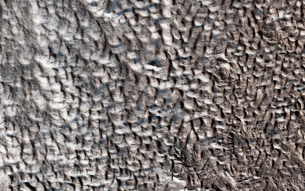 This surface texture of interconnected ridges and troughs, referred to as "brain terrain" is found throughout the mid-latitude regions of Mars.
